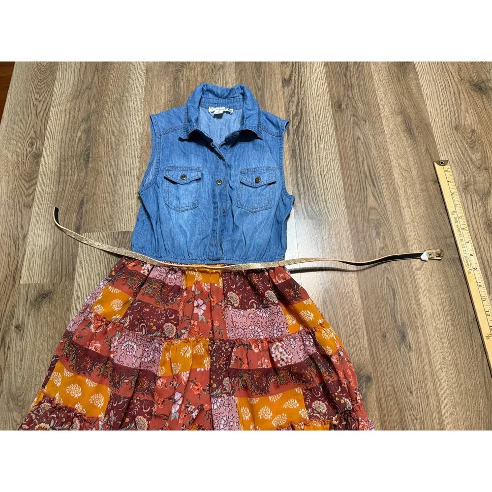 Knit Works Mixed Media Dress Girls M Blue Orange Sleeveless Tiered Excellent